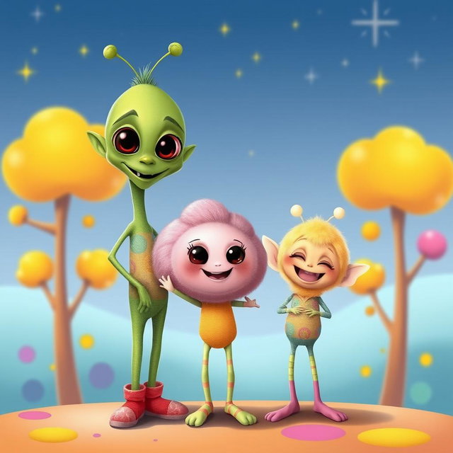 A charming caricature of a cute alien family of three, featuring playful and exaggerated characteristics