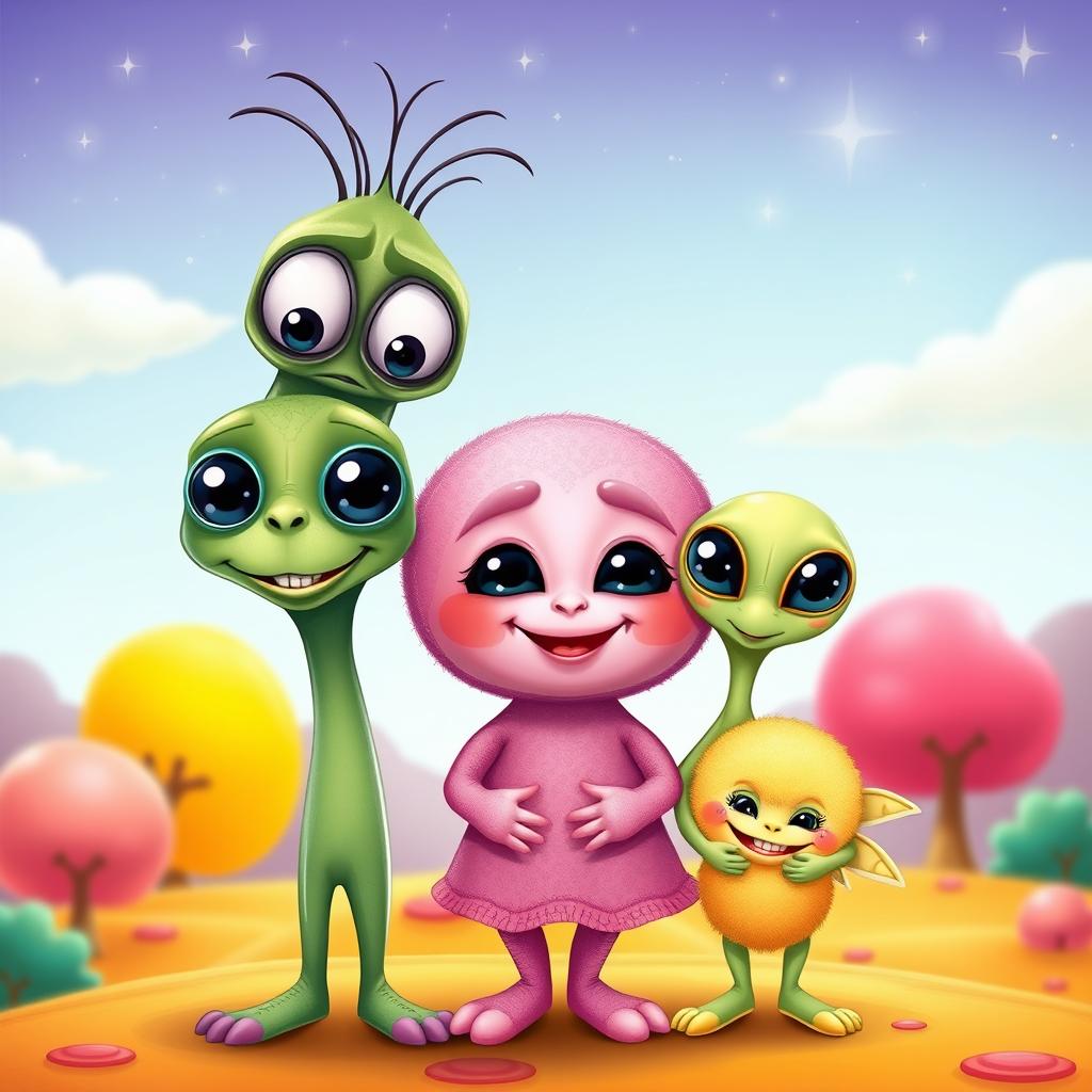 A charming caricature of a cute alien family of three, featuring playful and exaggerated characteristics