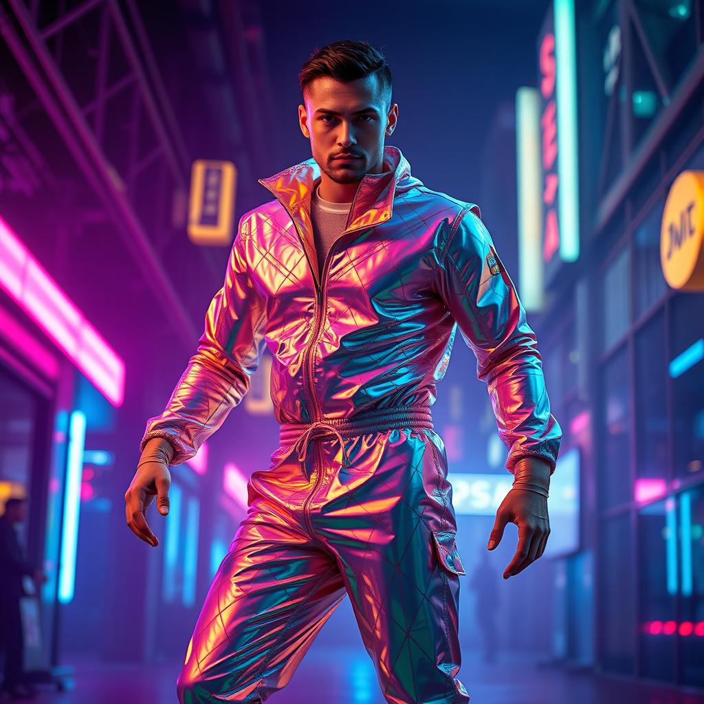 A full-body male model wearing a holographic jumpsuit, showcasing a vibrant and reflective array of colors