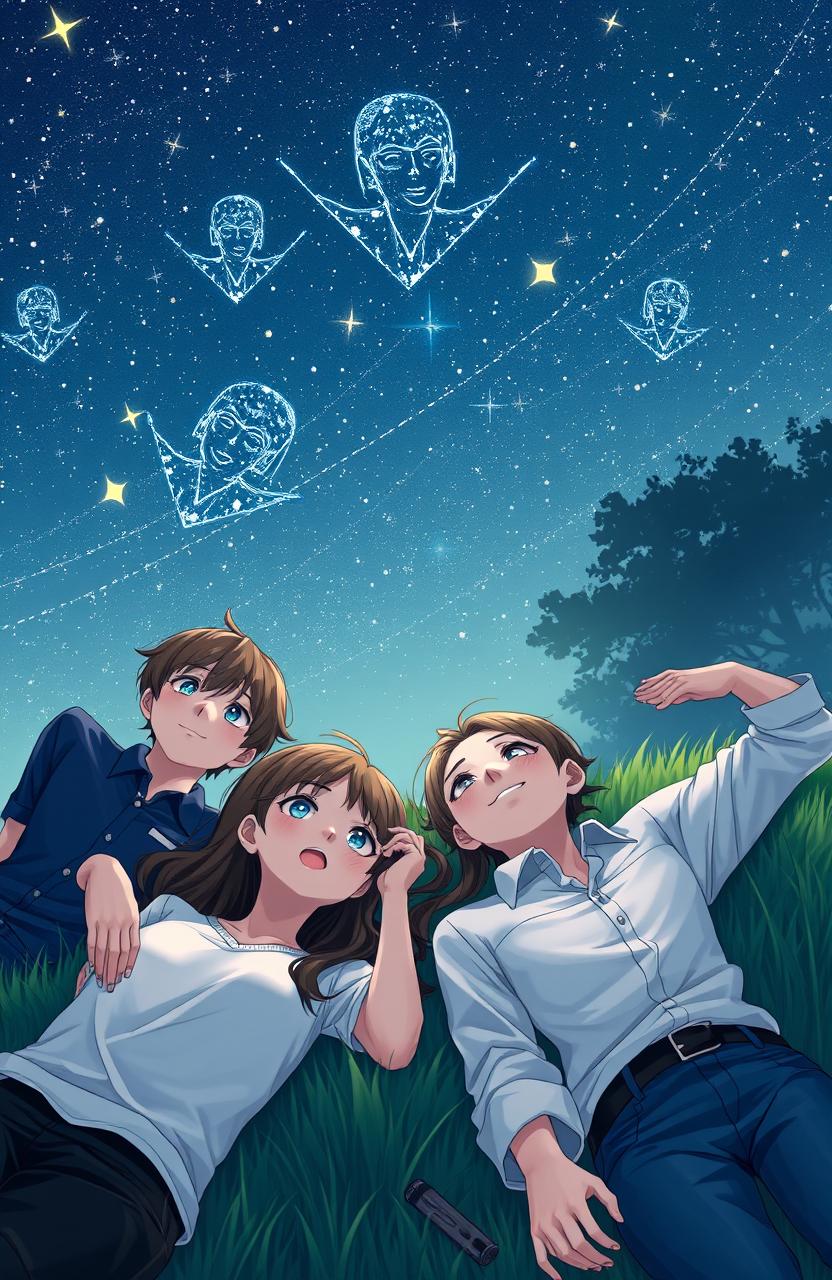 A romantic scene depicting a group of students, both boys and girls, lying on the grass while gazing up at a starry night sky