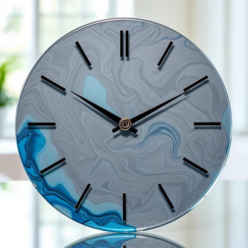 A beautiful clock made from epoxy resin, showcasing a stunning blend of gray and blue hues