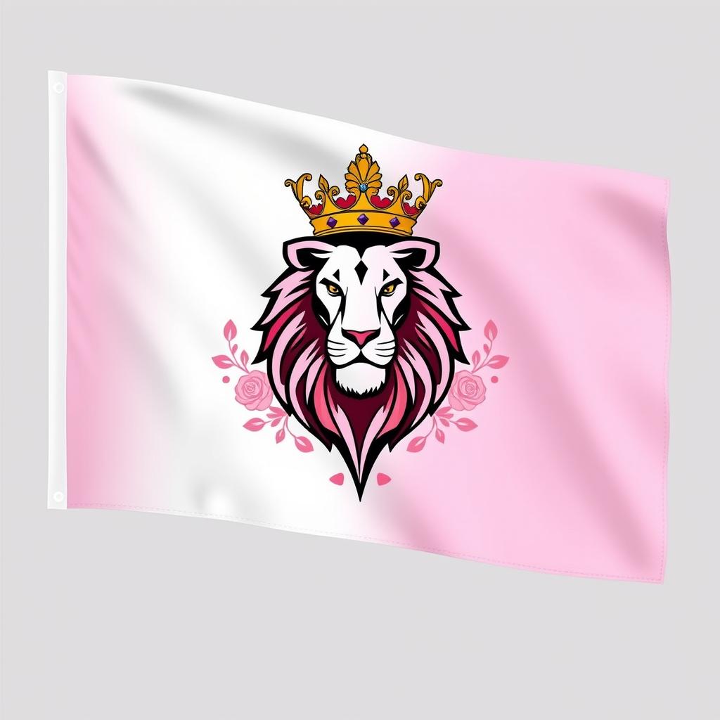 The flag of a fictional feminist empire featuring a bold design in white and pink colors
