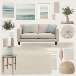 Create a mood board featuring elements of a serene, coastal, sand-inspired interior design. Include color swatches matching the aesthetic, furniture, textures, and home decors.