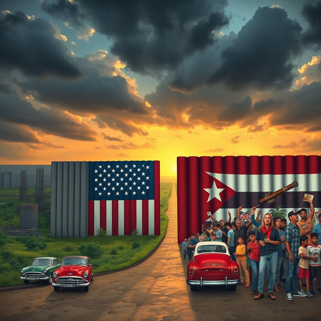 A symbolic representation of the United States economic blockade on Cuba, featuring a large red, white, and blue barrier wall depicting the American flag, constructed between the US mainland and the island of Cuba