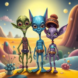 A delightful caricature of a humanoid alien family of three, showcasing exaggerated yet charming features