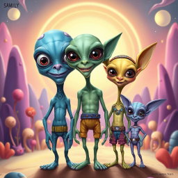 A delightful caricature of a humanoid alien family of three, showcasing exaggerated yet charming features