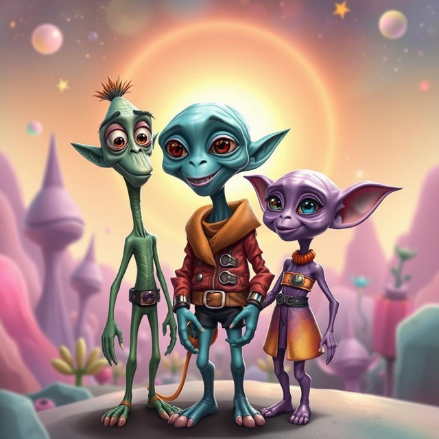 A delightful caricature of a humanoid alien family of three, showcasing exaggerated yet charming features
