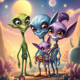 A delightful caricature of a humanoid alien family of three, showcasing exaggerated yet charming features