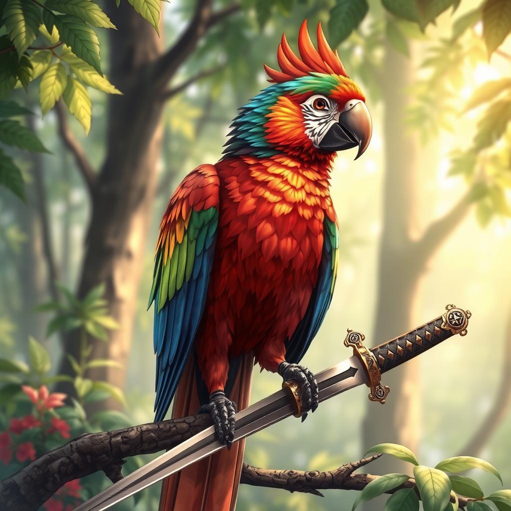 A vibrant and detailed illustration of a bird, specifically a colorful bird like a parrot, with a shining samurai sword sheathed in its belly