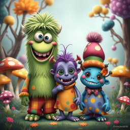 A delightful caricature of a cute monster family of three, featuring charming and exaggerated characteristics