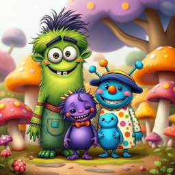 A delightful caricature of a cute monster family of three, featuring charming and exaggerated characteristics