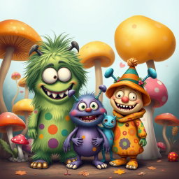 A delightful caricature of a cute monster family of three, featuring charming and exaggerated characteristics