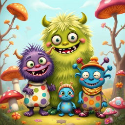 A delightful caricature of a cute monster family of three, featuring charming and exaggerated characteristics