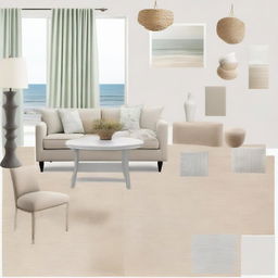 Create a mood board featuring elements of a serene, coastal, sand-inspired interior design. Include color swatches matching the aesthetic, furniture, textures, and home decors.