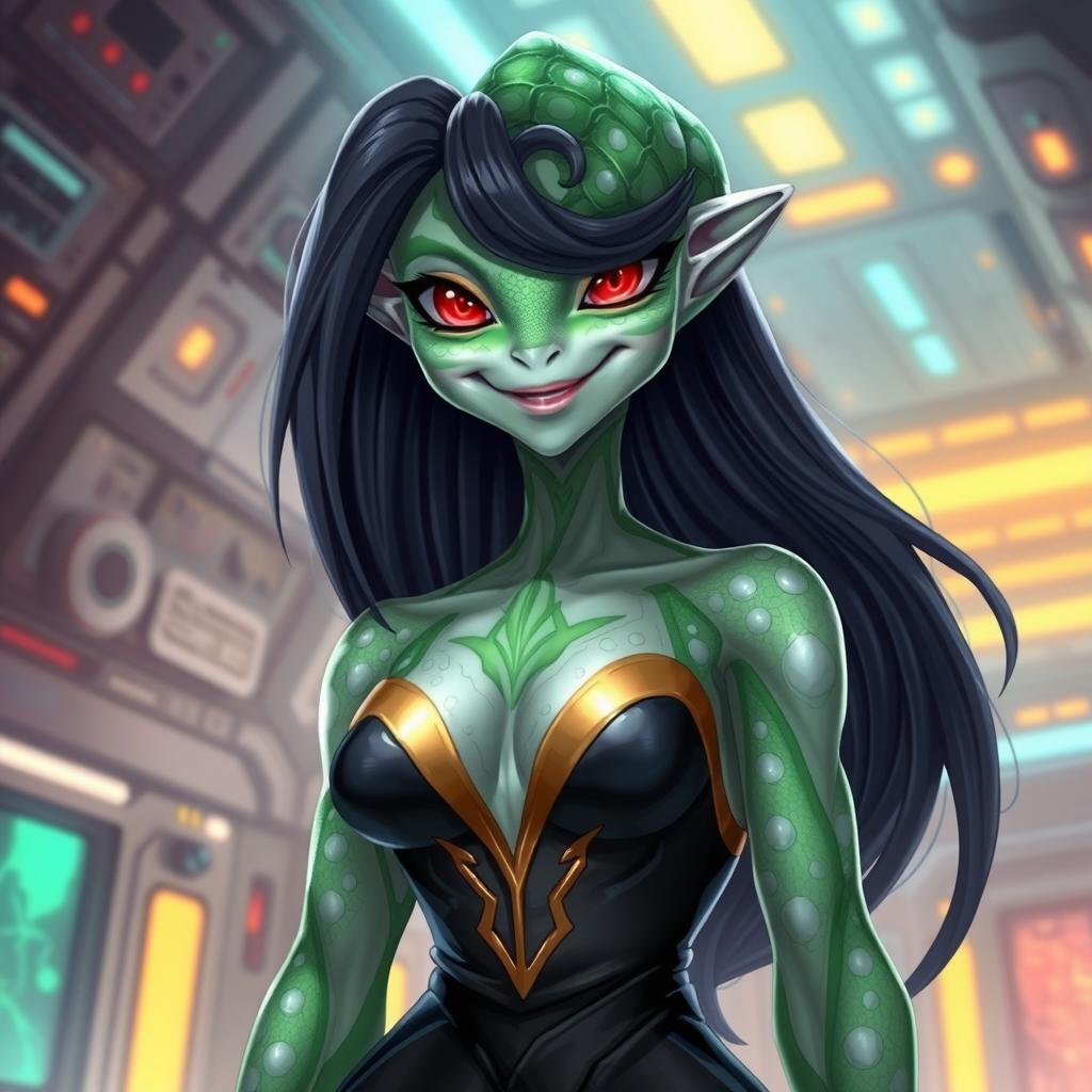 A stunning portrayal of a female alien hybrid, a unique combination of lizard and fish features, showcasing lovely green and white scales that glisten under the lights of an alien space station