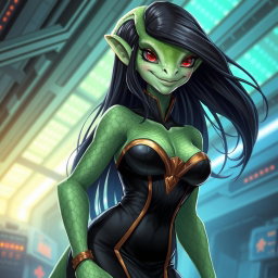 A stunning portrayal of a female alien hybrid, a unique combination of lizard and fish features, showcasing lovely green and white scales that glisten under the lights of an alien space station