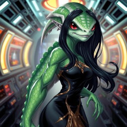 A stunning portrayal of a female alien hybrid, a unique combination of lizard and fish features, showcasing lovely green and white scales that glisten under the lights of an alien space station
