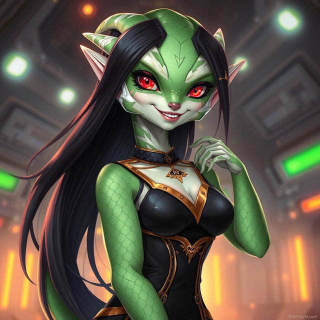 A stunning portrayal of a female alien hybrid, a unique combination of lizard and fish features, showcasing lovely green and white scales that glisten under the lights of an alien space station