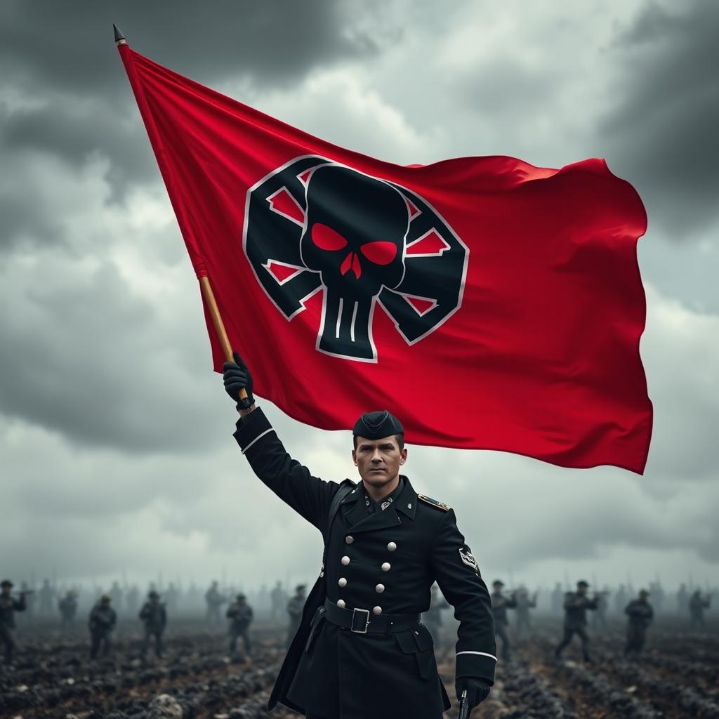 A striking red flag featuring a prominent black skull emblem in the center, dramatically held aloft by a soldier dressed in a sleek black German uniform