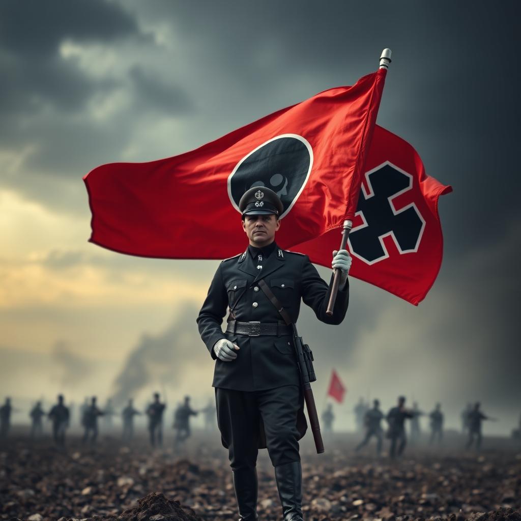 A vibrant red flag adorned with a bold black skull emblem in the center, held proudly by a soldier clad in a sleek black German uniform