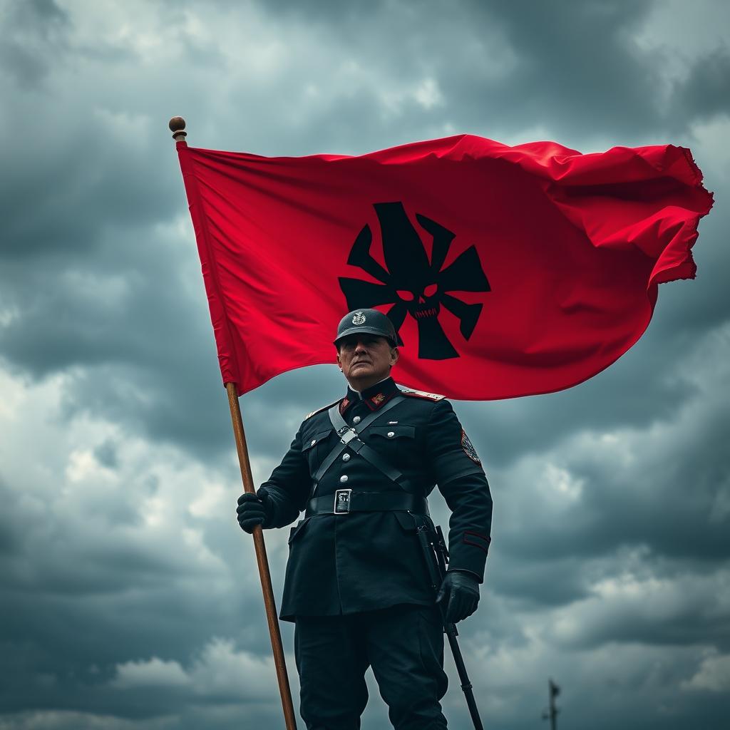 A vibrant red flag featuring a distinctive black skull emblem boldly placed in the center, held by a soldier dressed in an imposing black German uniform