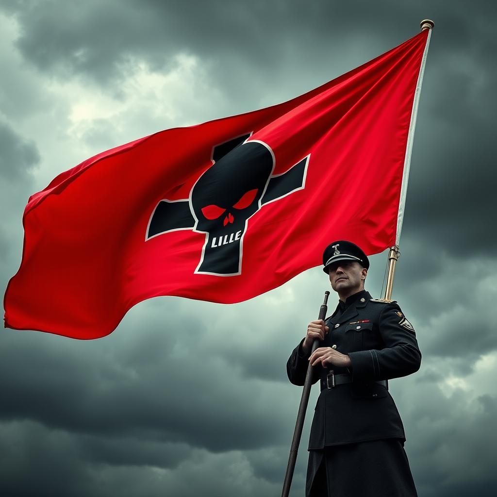 A vivid red flag emblazoned with a bold black skull emblem positioned in the center, firmly held by a soldier dressed in a striking black German uniform