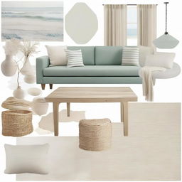 Create a mood board featuring elements of a serene, coastal, sand-inspired interior design. Include color swatches matching the aesthetic, furniture, textures, and home decors.