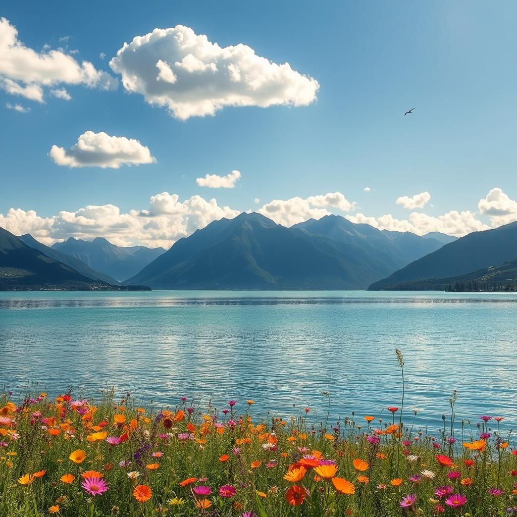 A serene landscape featuring a tranquil lake surrounded by majestic mountains under a bright blue sky, with fluffy white clouds drifting lazily