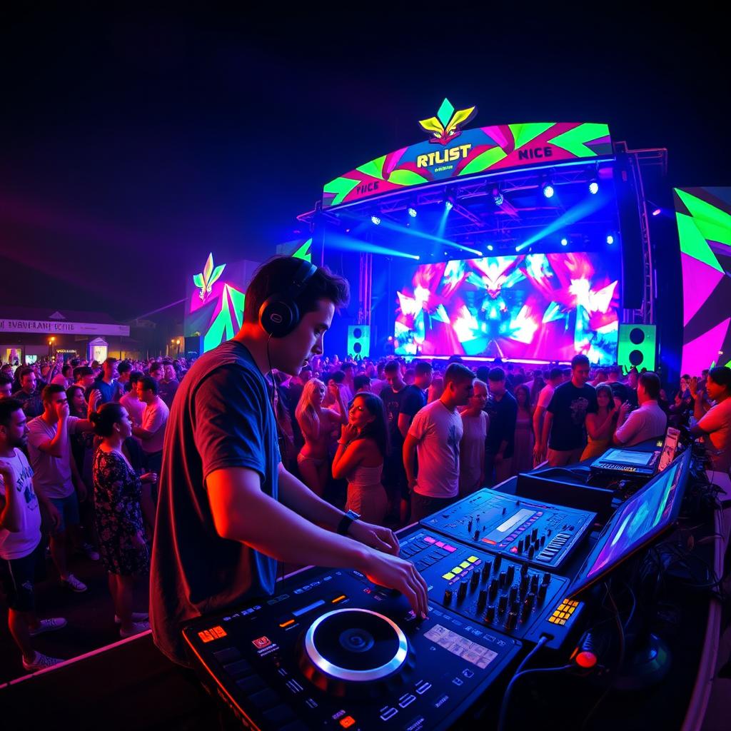 A vibrant and energetic scene of a DJ performing at an outdoor music festival, surrounded by colorful lights and a lively crowd