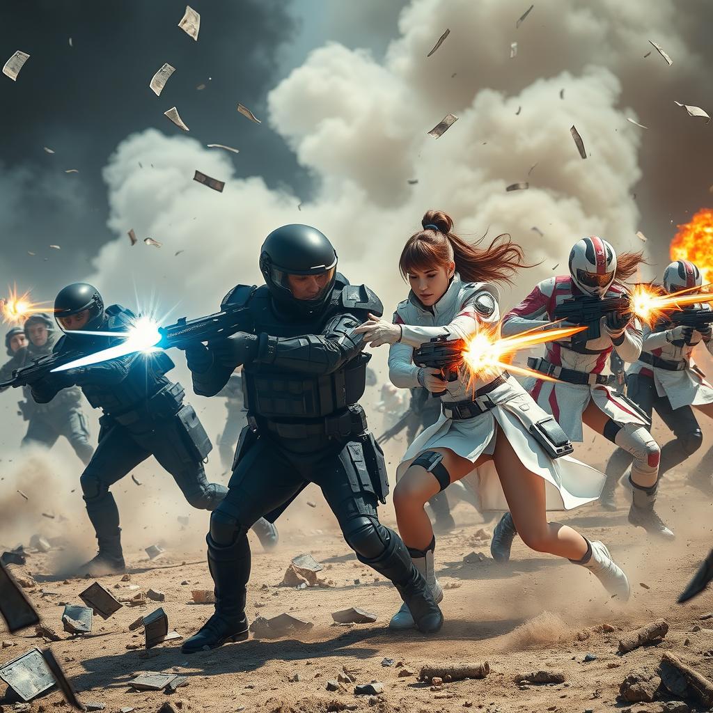 A dynamic battle scene featuring male soldiers dressed in sleek black uniforms and advanced high-tech armor, engaged in fierce combat with female soldiers in vibrant white and pink uniforms