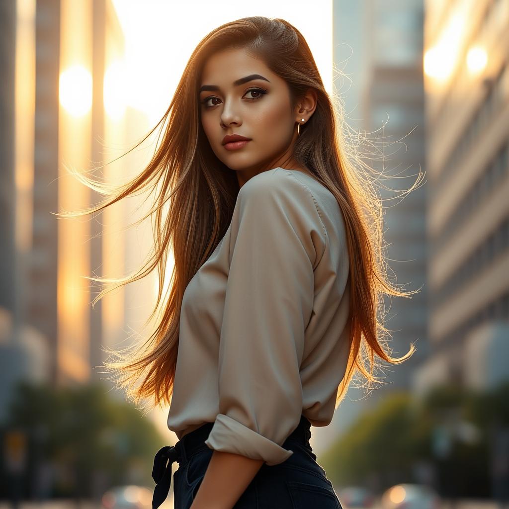 A confident and poised young woman standing tall at the center of the image