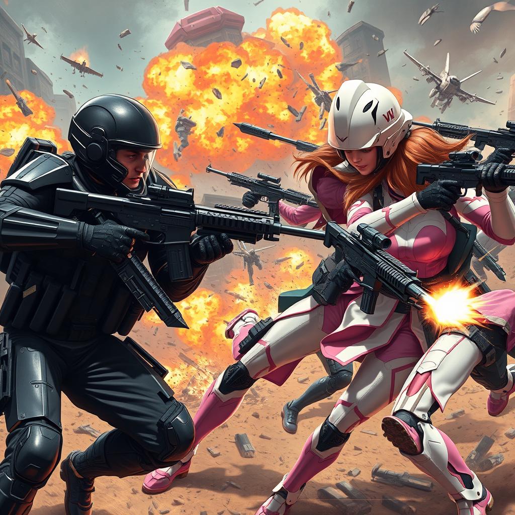 An epic battle scene depicting male soldiers clad in sleek black uniforms and advanced armor, heavily engaged in combat with female soldiers in striking white and pink uniforms