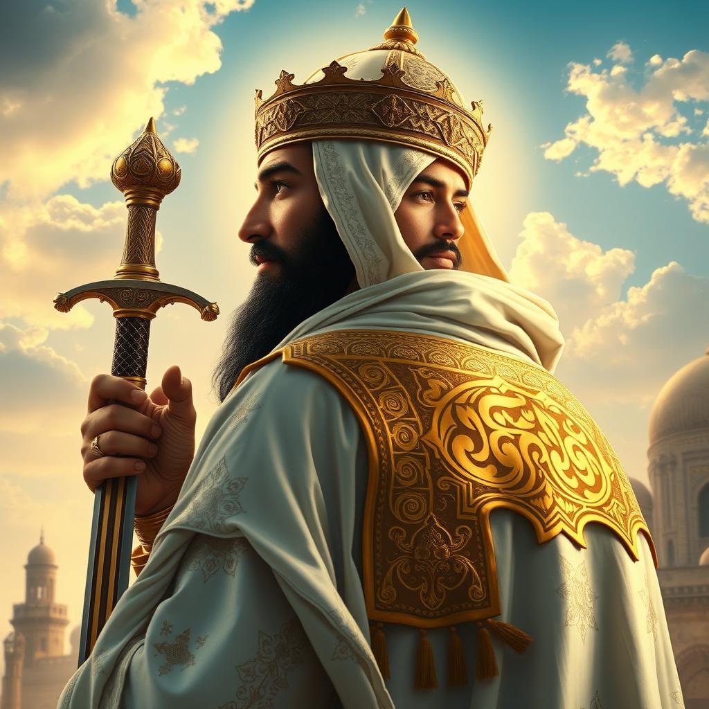 An artistic representation of Imam Ali depicted from a side profile with a radiant face, showcasing a spiritual and powerful presence