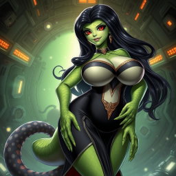 A captivating depiction of a female alien hybrid, beautifully combining lizard and fish features