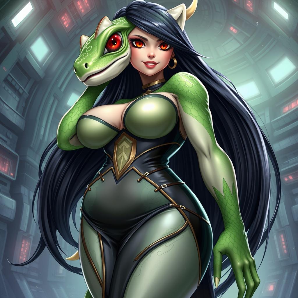 A captivating depiction of a female alien hybrid, beautifully combining lizard and fish features