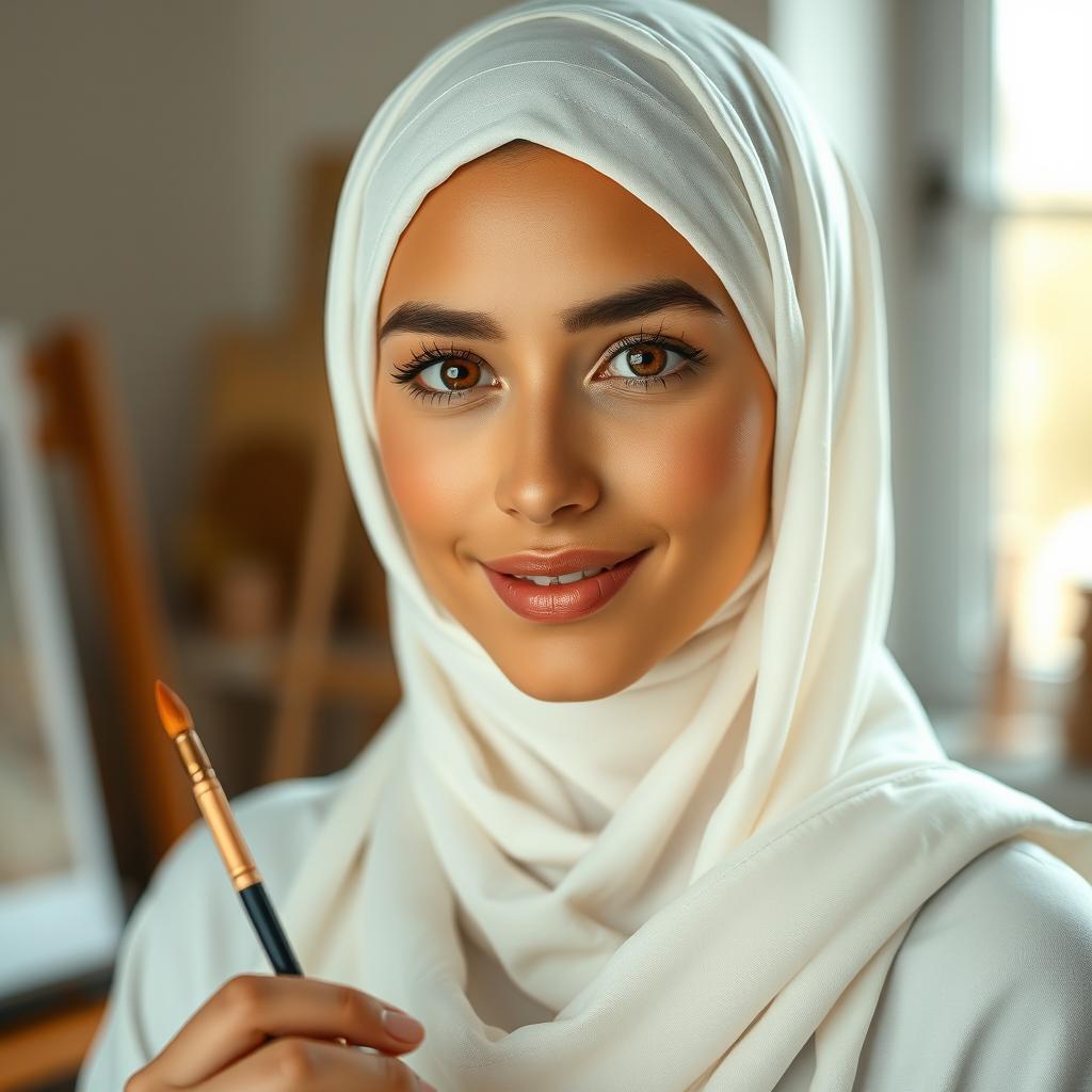 Create an artistic portrait of a young Middle Eastern woman wearing an elegant white hijab