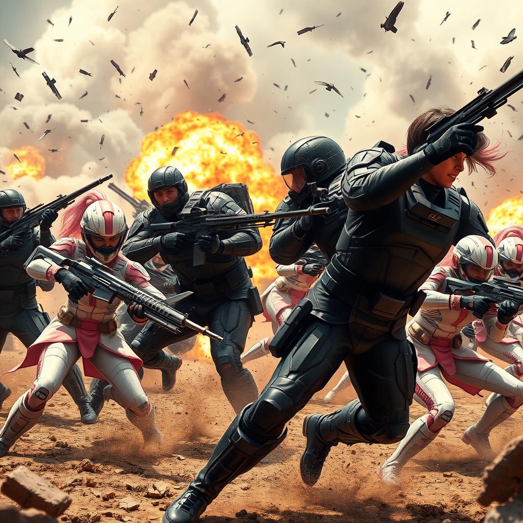 A thrilling battle scene showcasing male soldiers in sleek black uniforms and advanced armored suits engaged in intense combat against female soldiers adorned in bright white and pink uniforms