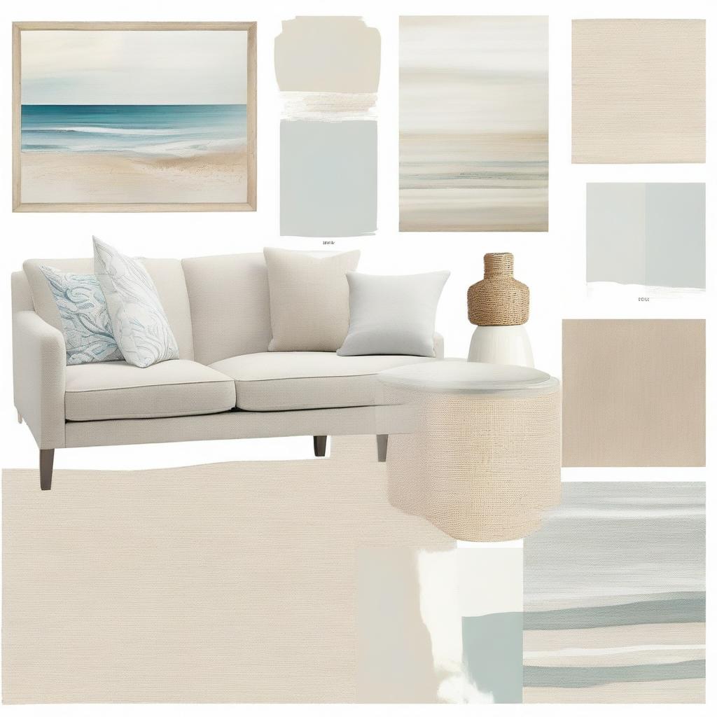 Create a mood board featuring elements of a serene, coastal, sand-inspired interior design. Include color swatches matching the aesthetic, furniture, textures, and home decors.