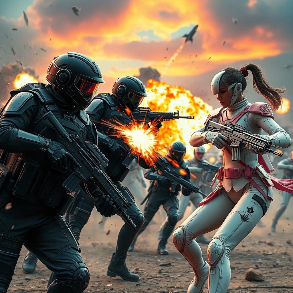 An intense and dramatic battle scene featuring male soldiers outfitted in sleek black uniforms and advanced futuristic armor, clashing head-on with female soldiers dressed in striking white and pink uniforms