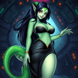 A mesmerizing illustration of a female alien hybrid, beautifully crafted with lizard and fish characteristics