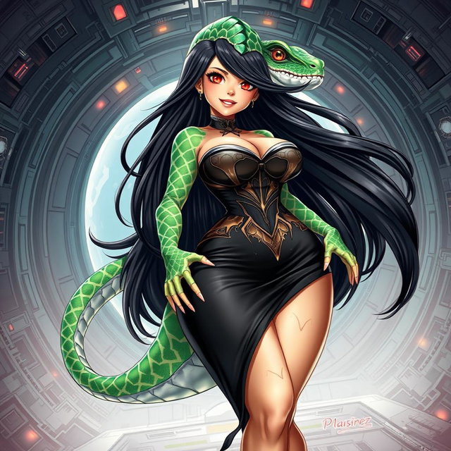 A mesmerizing illustration of a female alien hybrid, beautifully crafted with lizard and fish characteristics