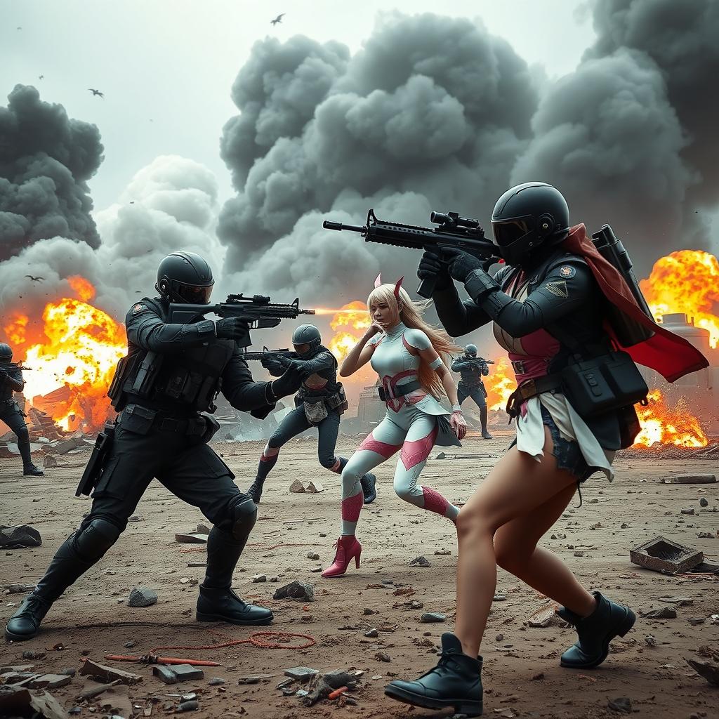 A dramatic battle scene showing male soldiers in sleek black uniforms and advanced high-tech armor in an intense fight against female soldiers wearing stylish white and pink uniforms