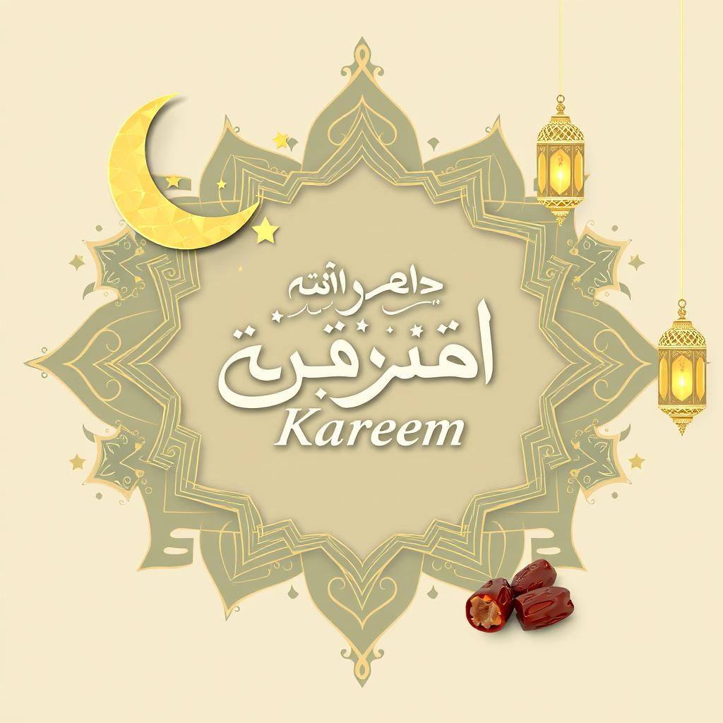 A beautifully decorated Ramadan Kareem greeting card featuring intricate Islamic geometric patterns, crescent moon and stars, and elegant Arabic calligraphy