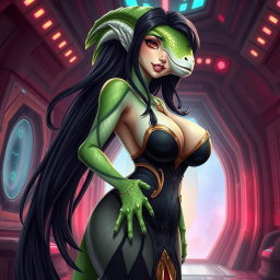 A stunning and captivating illustration of a female alien hybrid, showcasing a blend of lizard and fish characteristics