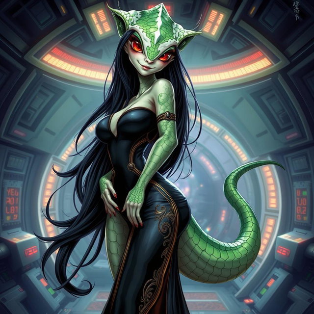 A stunning and captivating illustration of a female alien hybrid, showcasing a blend of lizard and fish characteristics