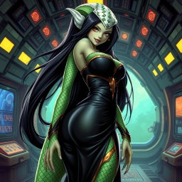 A stunning and captivating illustration of a female alien hybrid, showcasing a blend of lizard and fish characteristics