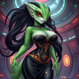 A stunning and captivating illustration of a female alien hybrid, showcasing a blend of lizard and fish characteristics