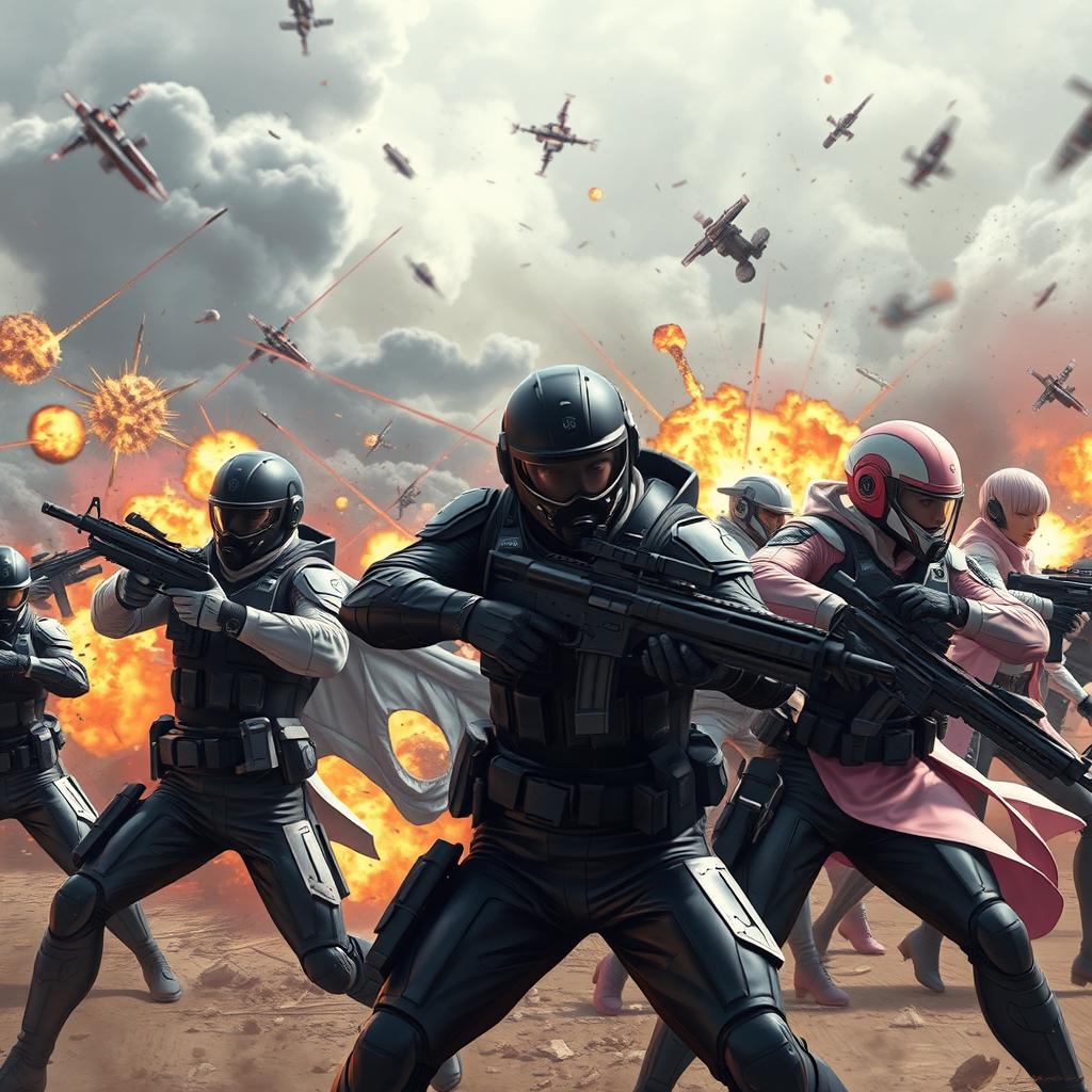 A dynamic battle scene depicting male soldiers clad in sleek black uniforms and cutting-edge advanced armor, engaged in fierce combat against female soldiers dressed in stylish white and pink uniforms
