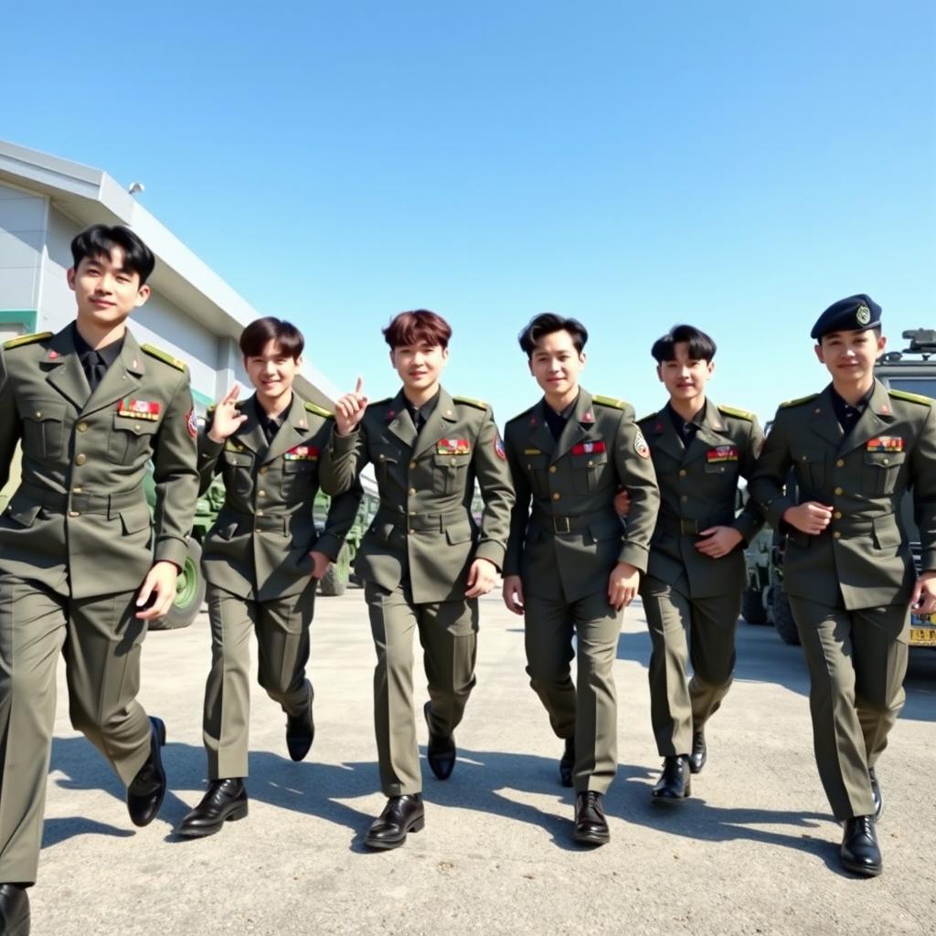 A vibrant scene depicting seven South Korean soldiers exiting a military base, wearing their official uniforms