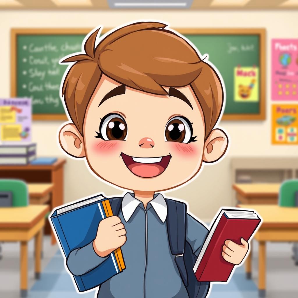 A cartoon of a school student with a joyful expression, wearing a school uniform and carrying books